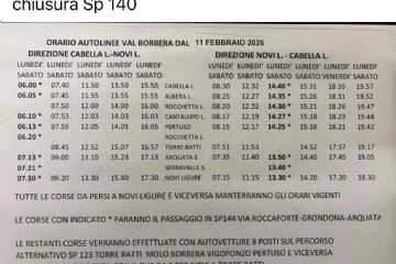 Orari straordinari Autolinee Val Borbera per chiusura SP 140